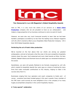 Tmc Honoured In Lux Life Magazine’s Global Hospitality Awards