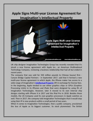 Apple Signs Multi-year License Agreement for Imagination’s Intellectual Property