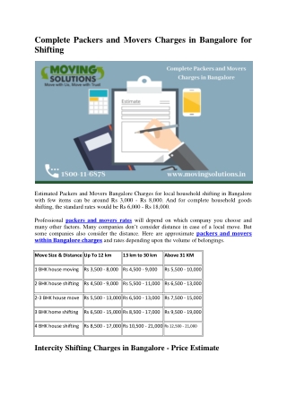 Complete Packers and Movers Charges in Bangalore for Shifting