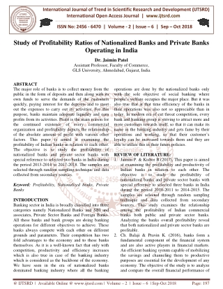 Study of Profitability Ratios of Nationalized Banks and Private Banks Operating in India