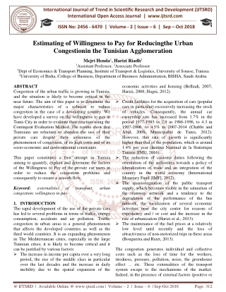 Estimating of Willingness to Pay for Reducingthe Urban Congestionin the Tunisian Agglomeration