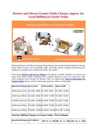 Packers and Movers Greater Noida Charges Approx. for Local Shifting in Greater Noida