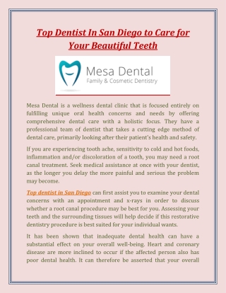 Top Dentist In San Diego to Care for Your Beautiful Teeth