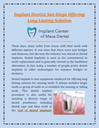 Implant Dentist San Diego Offering Long Lasting Solution
