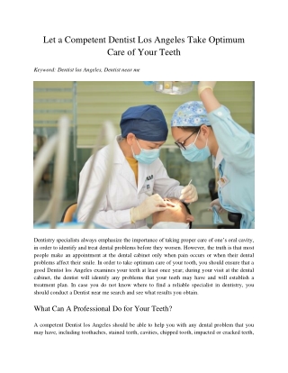 Let a Competent Dentist Los Angeles Take Optimum Care of Your Teeth