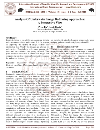 Analysis Of Underwater Image De Hazing Approaches A Perspective View