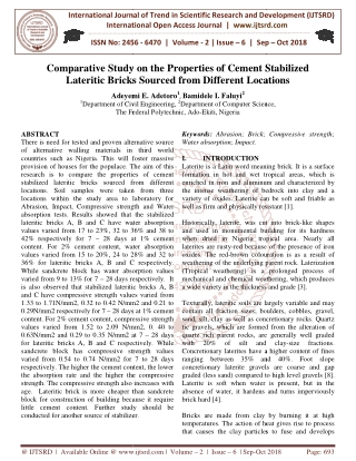 Comparative Study on the Properties of Cement Stabilized Lateritic Bricks Sourced from Different Locations