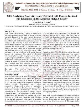 CFD Analysis of Solar Air Heater Provided with Discrete Inclined Rib Roughness on the Absorber Plate A Review