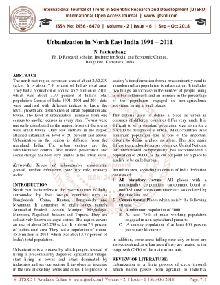 Urbanization in North East India 1991 - 2011