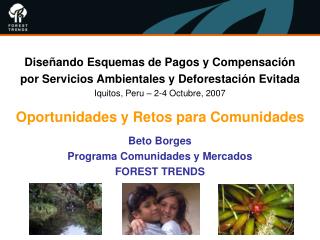 Diseñando Esquemas de Pagos y Compensación por Servicios Ambientales y Deforestación Evitada Iquitos, Peru – 2-4 Octubr