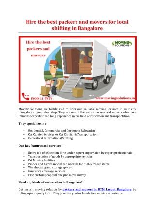 Hire the best packers and movers for local shifting in Bangalore