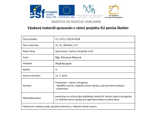 Výukový materiál zpracován v rámci projektu EU peníze školám