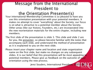 Message from the International President to  the Orientation Presenter(s)