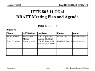 IEEE 802.11 TGaf DRAFT Meeting Plan and Agenda