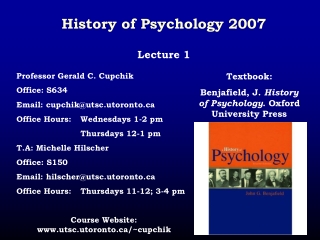 History of Psychology 2007 Lecture 1