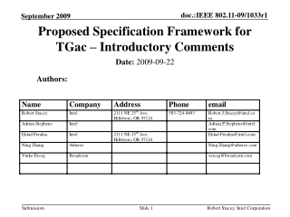 Proposed Specification Framework for TGac – Introductory Comments