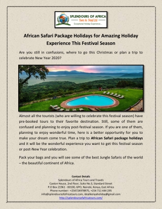 African Safari Package Holidays for Amazing Holiday Experience This Festival Season