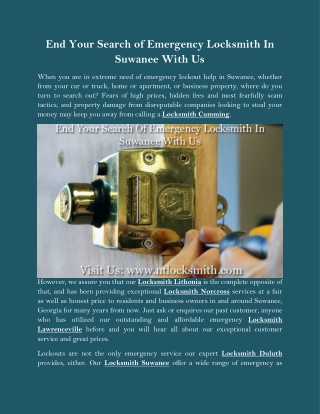 End Your Search of Emergency Locksmith In Suwanee With Us