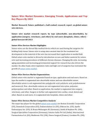 Suture Wire Market Dynamics, Emerging Trends, Applications and Top Key Players By 2023