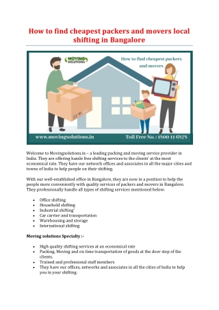 How to find cheapest packers and movers local shifting in Bangalore