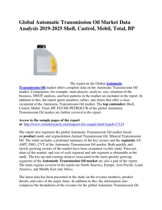 Global Automatic Transmission Oil Market Data Analysis 2019-2025 Shell, Castrol, Mobil, Total, BP