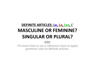 DEFINITE ARTICLES:  Le ,  La ,  Les ,  L’ MASCULINE OR FEMININE? SINGULAR OR PLURAL?