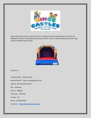 Bouncy Castle Hire Service in Aylesbury & Hemel Hempstead | Kings Castles