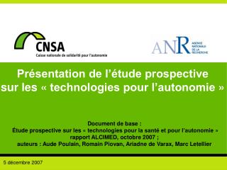 Présentation de l’étude prospective sur les « technologies pour l’autonomie »