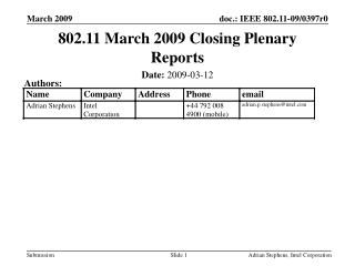 802.11 March 2009 Closing Plenary Reports
