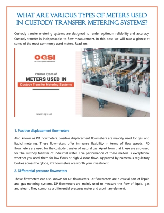 What are Various Types of Meters used in Custody Transfer Metering Systems?