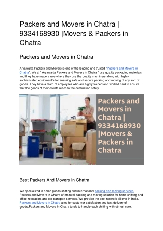 Packers and Movers in Chatra | 9334168930 |Movers & Packers in Chatra