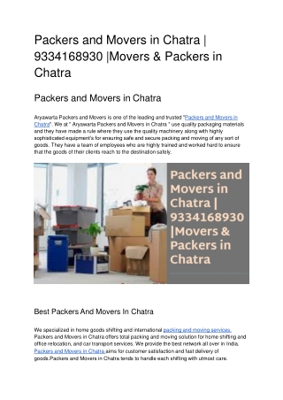 Packers and Movers in Chatra | 9334168930 |Movers & Packers in Chatra