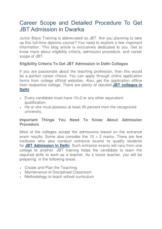 Career Scope and Detailed Procedure To Get JBT Admission in Dwarka.