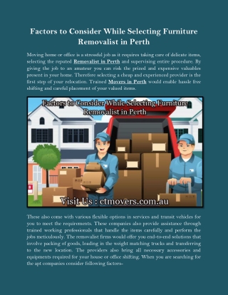 Factors to Consider While Selecting Furniture Removalist in Perth