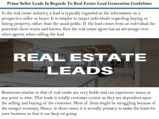 Prime Seller Leads In Regards To Real Estate Lead Generation Guidelines