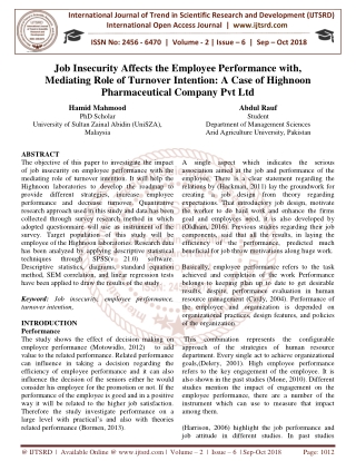 Job Insecurity Affects the Employee Performance with, Mediating Role of Turnover Intention A Case of Highnoon Pharmaceut