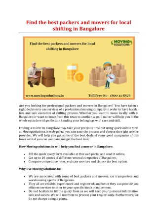 Find the best packers and movers for local shifting in Bangalore