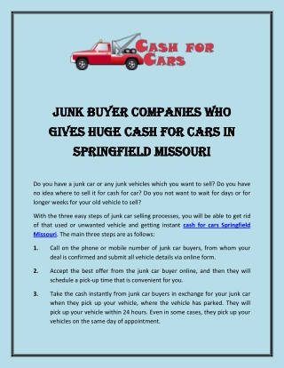 Junk Buyer Companies Who Gives Huge Cash For Cars In Springfield Missouri