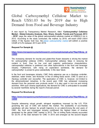 Global Carboxymethyl Cellulose Market to Reach US$1.03 bn by 2019 due to High Demand from Food and Beverage Industry