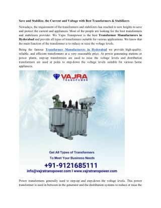 Save and Stabilize, the Current and Voltage with Best Transformers & Stabilizers