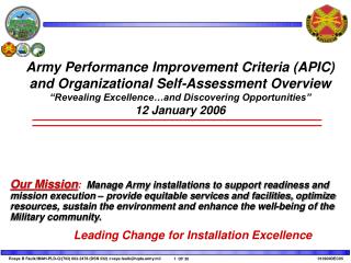 Army Performance Improvement Criteria (APIC) and Organizational Self-Assessment Overview “Revealing Excellence…and Disco