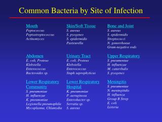 Common Bacteria by Site of Infection