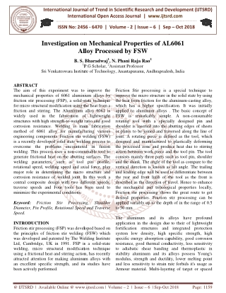 Investigation on Mechanical Properties of AL6061 Alloy Processed by FSW