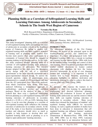 Planning Skills as a Correlate of Selfregulated Learning Skills and Learning Outcomes Among Adolescents in Secondary Sch