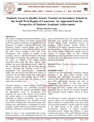 Students Access to Quality Science Teachers in Secondary Schools in the South West Region of Cameroon An Appraisal from