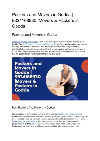 Packers and Movers in Godda | 9334168930 |Movers & Packers in Godda