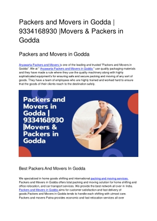 Packers and Movers in Godda | 9334168930 |Movers & Packers in Godda