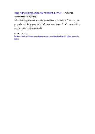 Best Agricultural Sales Recruitment Service - Alliance Recruitment Agency
