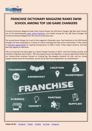 FRANCHISE DICTIONARY MAGAZINE RANKS SWIM SCHOOL AMONG TOP 100 GAME CHANGERS
