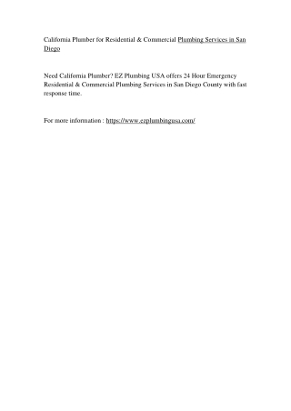 California Plumber for Residential & Commercial Plumbing Services in San Diego